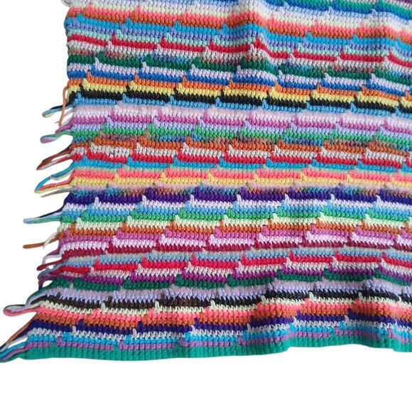 1980's Crochet Afghan Blanket Retro Rainbow Throw Fringe Ends Upcycled 67" x 52" - Picture 6 of 14